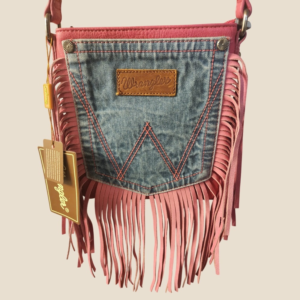 NWT Wrangler Pink Faux Leather Fringe Crossbody Bag Denim Western Boho Festival
